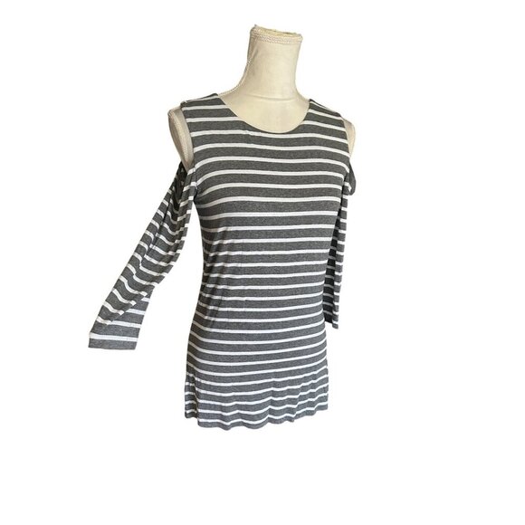 Bailey 44  Gray & White Striped Cold-Shoulder Tunic Top Stretchy Size M - Picture 1 of 9